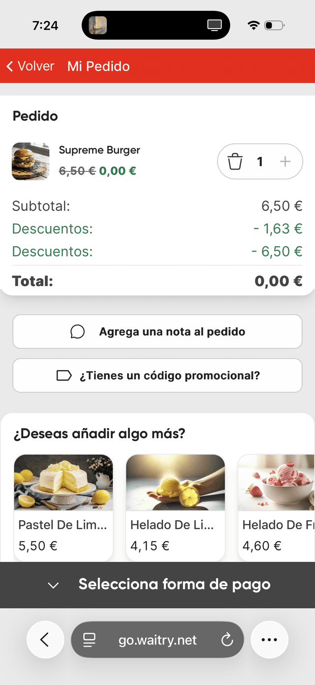 Resumo da encomenda com sugestões