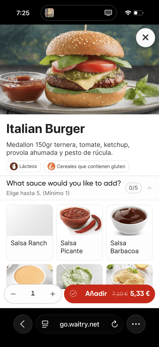 Ficha do produto com foto, alergénios e extras