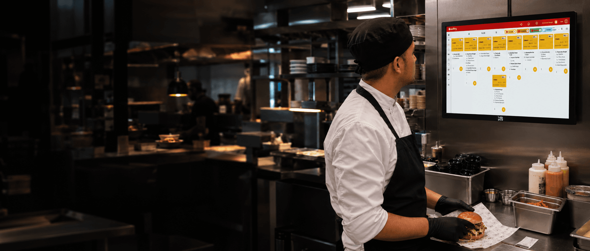 Cocinero revisa las comandas digitales en el monitor de cocina